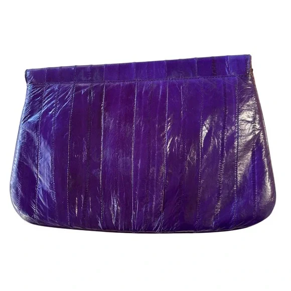 Vintage Purple Genuine Eel Skin Clutch Crossbody Bag Scalloped Flap - Picture 2 of 10